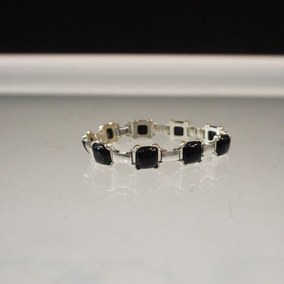 Black Beads Bracelet Faceted Square Beads In Silver Tone Settings - Picture 5 of 6
